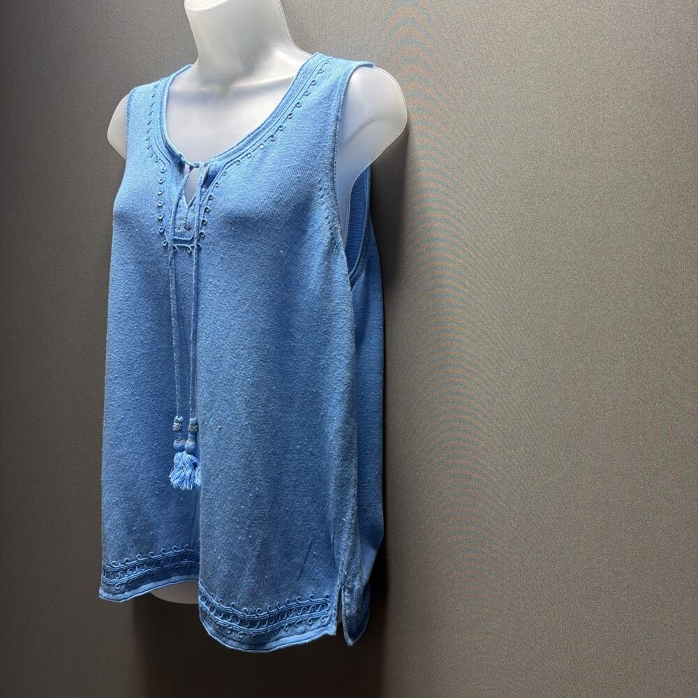 TOMMY BAHAMA 100% Linen Tie Neckline Sleeveless Embellished Top Size Large - Picture 4 of 10